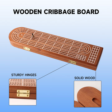 GSE Games & Sports Expert 3-Track Wooden Cribbage Board Game with Playing Cards, Metal Pegs and Storage Area, Classic Three-Pers