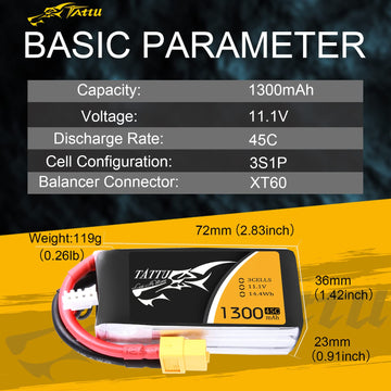 Tattu LiPo Battery Pack 1300mAh 45C 3S 11.1V with XT60 Plug for RC Car Boat Truck Heli Airplane