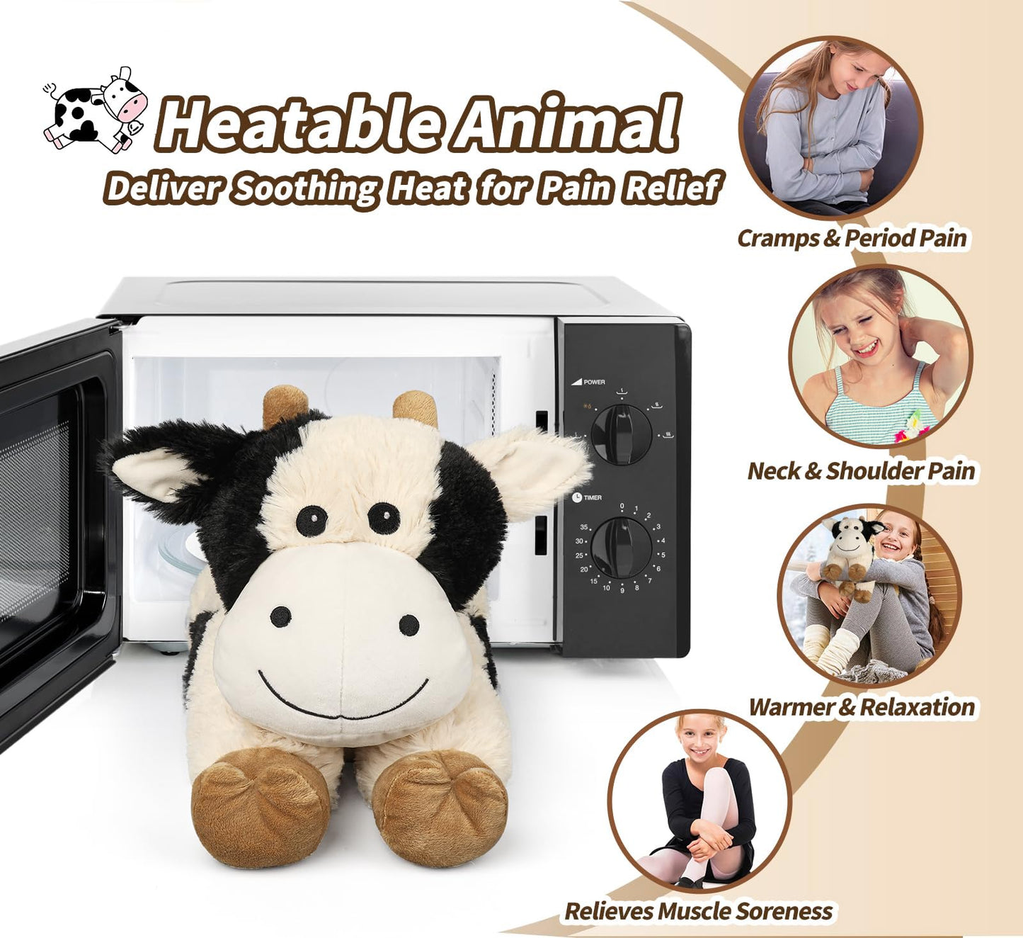 Cuckool Warmable Cow Stuffed Animals, Microwavable Stuffed Animals Heating Pad For Cramps, Pain Stress Relief, Heatable & Coolab