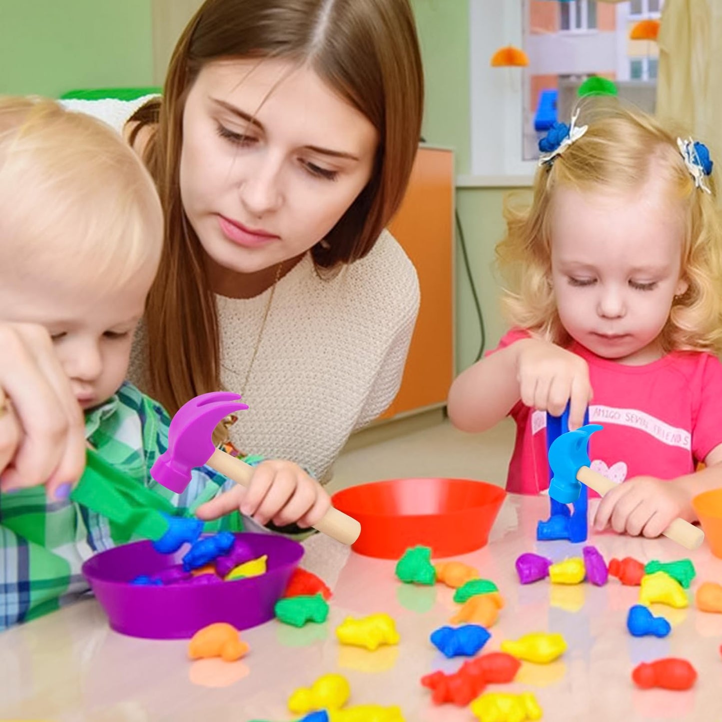2 Pack Wooden Hammer Toys Simulation Hammers Maintenance Tools Educational Toys For Kids Birthday Party Games Supplies (Blue + P