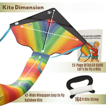 42'' Large Rainbow Kite for Kids and Adults - Easy to Assemble & Fly Large Kites for Kids Ages 4-8, 8-12, 3-5 - Beach Kids Kite