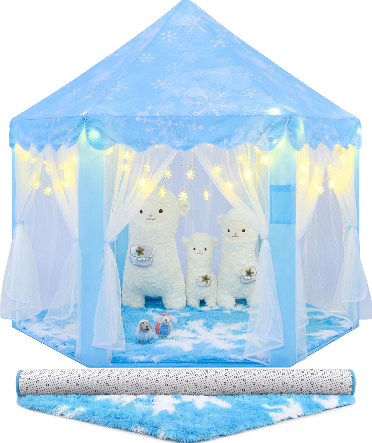 Cubnbud Frozen Princess Tent With Snowflake Lights And Rug, Girls Age 4-7, Blue Princess Castle Playhouse 55X53 Inch