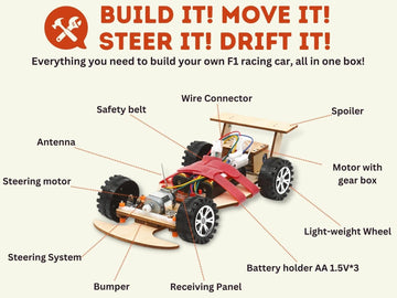 Pica Toys Wooden Wireless Remote Control F1 Racing Car Science Kit To Build (Red), Stem Project For Kids Aged 9 10 11 12 13, Science Building Kit Gift For Boys And Girls