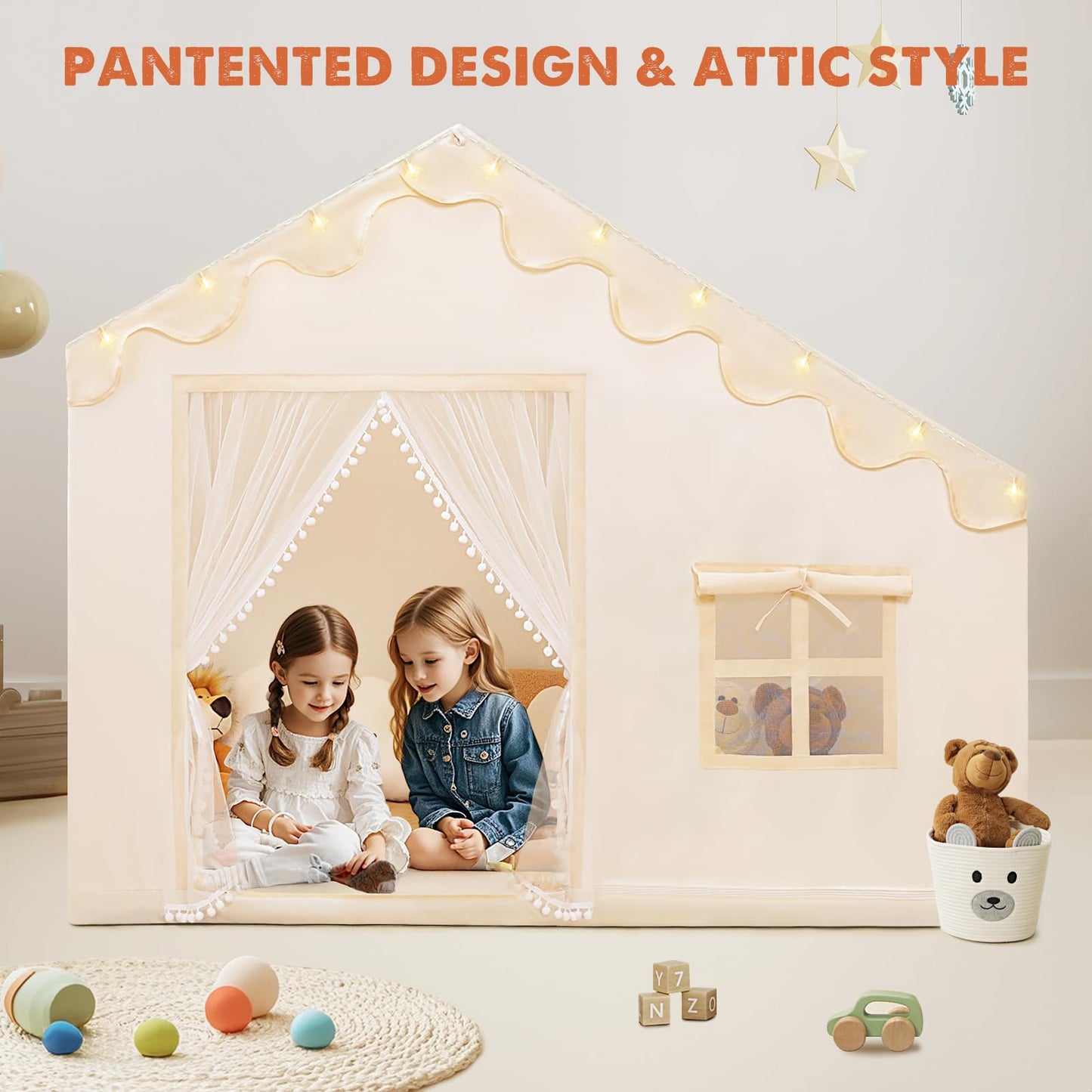Piikago Kids Tent Indoor With Star Lights And Flags - Play Tent For Kids Ages 4-8, Large Toddler Playhouse For Girls Boys, 57''