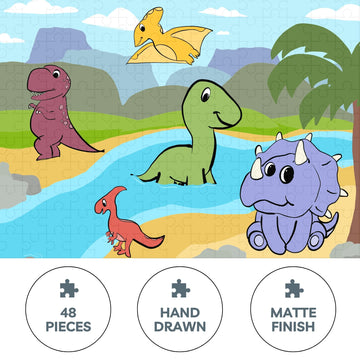 Theo'S Puzzles Dinosaur Kids Puzzle - Fun 48-Piece Jigsaw With Diverse Dinosaur, Rivers, And Volcano Scenery For Ages 4+, Perfec