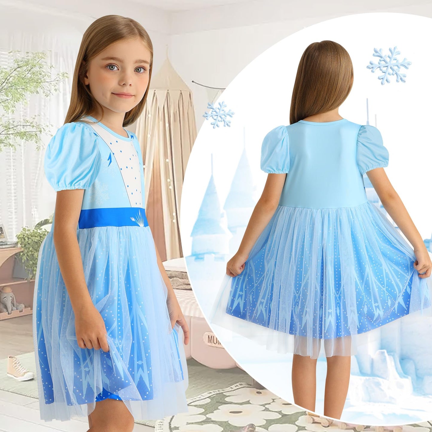 Benylion Princess Dress for Girls Princess Dresses Party Wear Puff Sleeve Tulle Dress for 7-8 Years,Paleblue