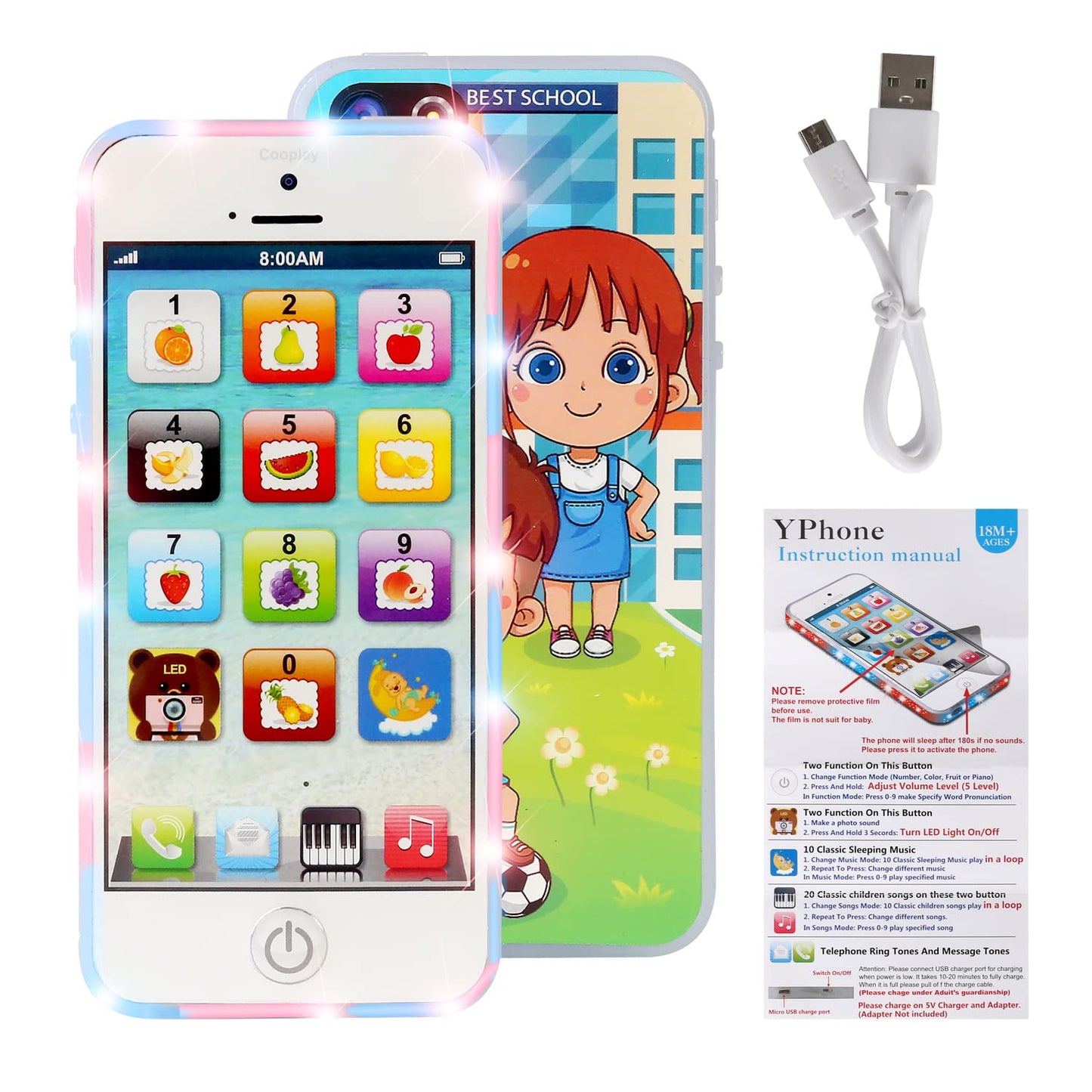 Cooplay White Smart Phone Toy Music Lullaby YPhone Song Touch Screen USB Recharable Cell Phone Learning English Mobile for Toddl