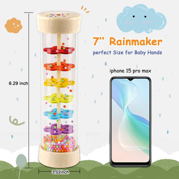 LOOIKOOS Rainmaker - 7 inch Wooden Rain Stick Montessori Toys for Babies 6-12 Months Baby Rattle Shaker Sensory Developmental Toy Raindrops Musical Instrument Baby Musical Toys for Baby 6 7 8 9