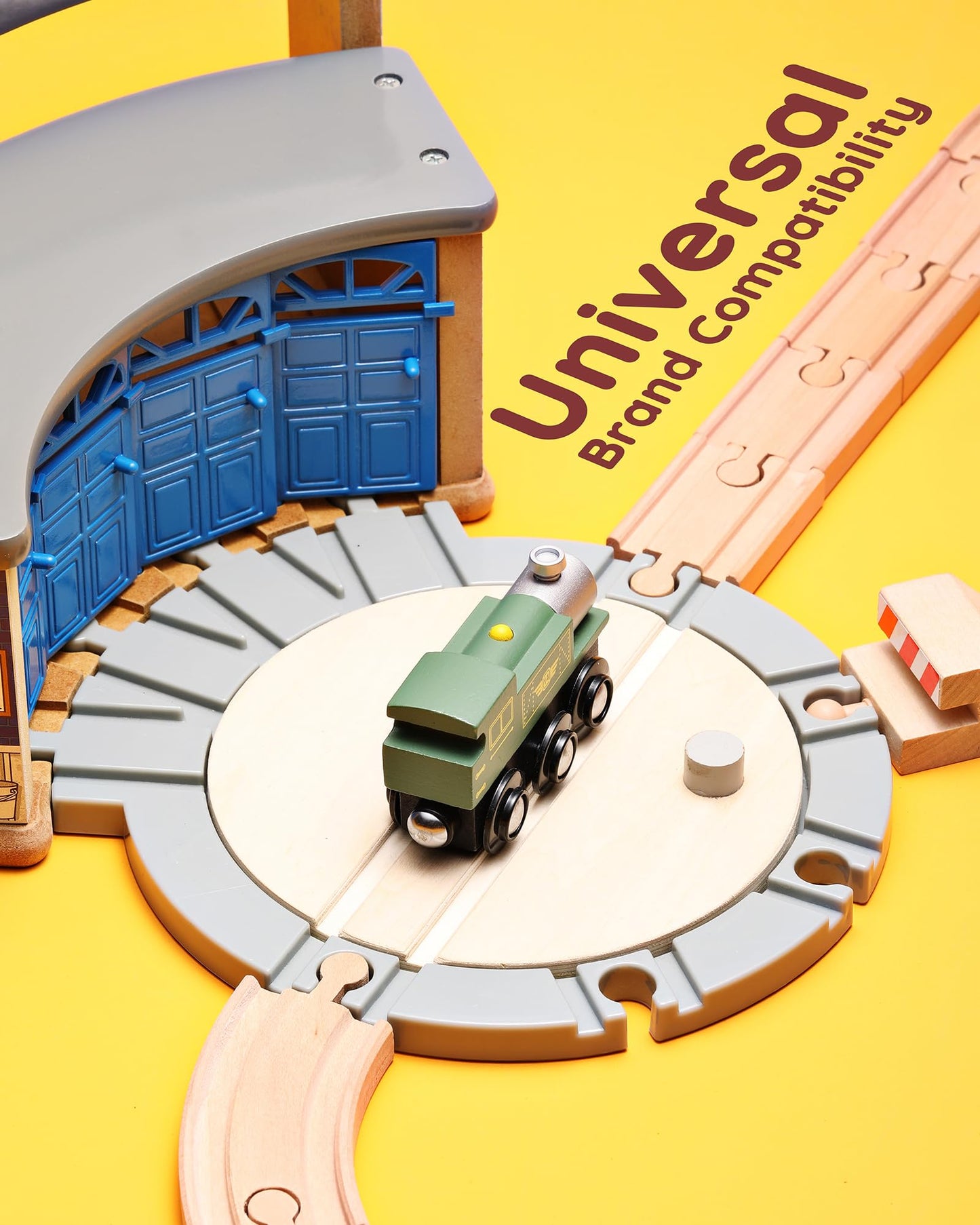 SainSmart Jr. Wooden Train Track with Roundhouse - Railway Toy for Toddlers, Double-Side Tracks Compatible with with All Major B