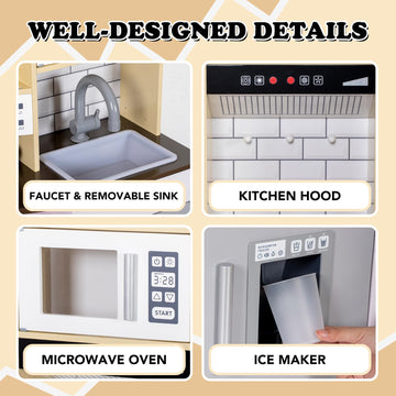 BRINJOY Kitchen Playset for Kids, Wooden Toddler Play Kitchen w/Faucet, Sink, Microwave, Oven, Apron, Cabinets, Children Pretend