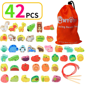 BMTOYS Montessori Wooden Stringing Beads Set - 42 Rainbow Farm Animals & Fruits for Toddlers 3-5 Years