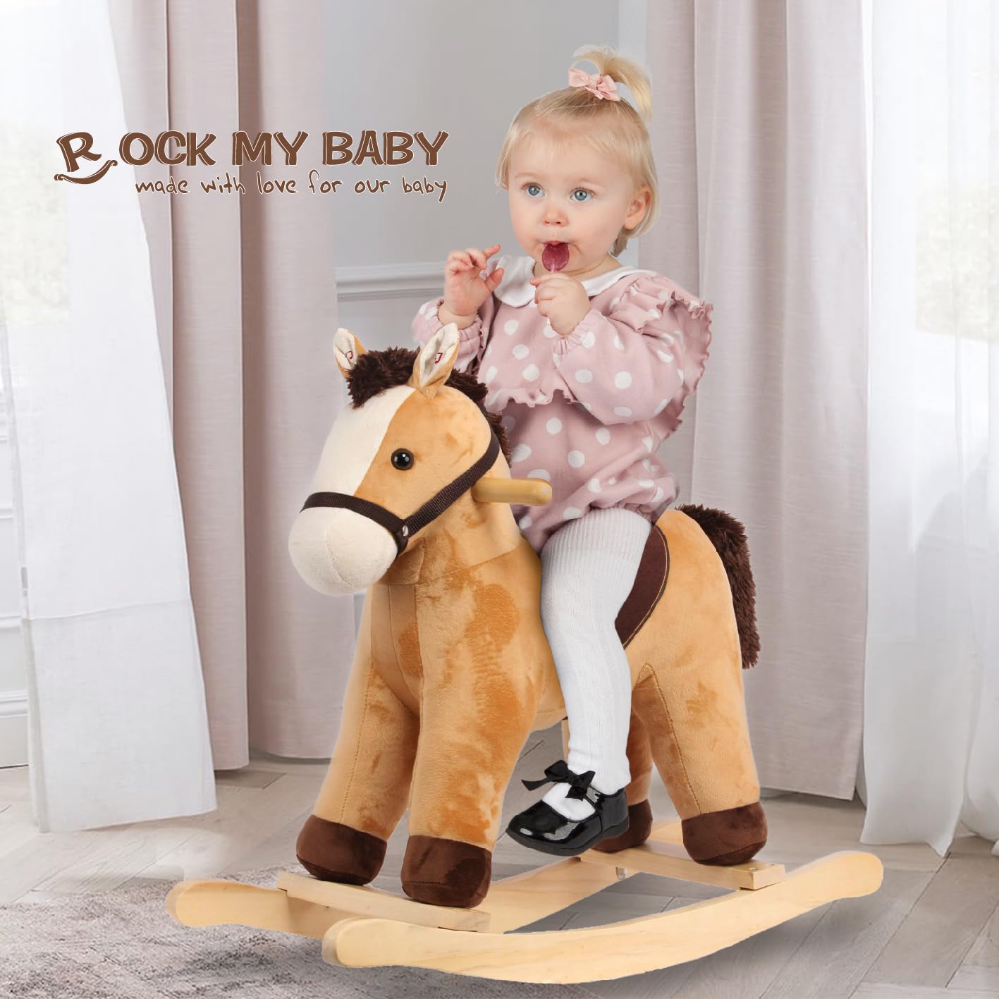 ROCK MY BABY Rocking Horse for Toddlers, Soft Fabric, Realistic Sounds, Large Light Brown Pony, CPC Certified