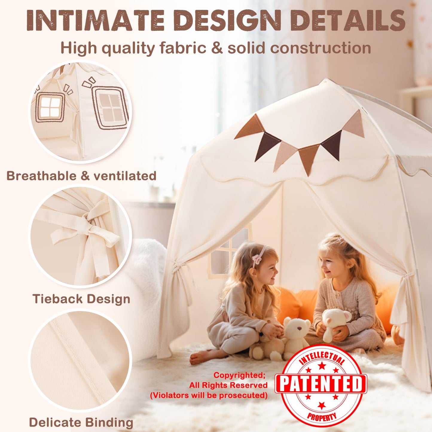 Extra Large Kids Play Tent With Flags & Star Lights, Portable & Foldable Teepee, Bed Tent Bed Canopy For Boys & Girls, Indoor Ou