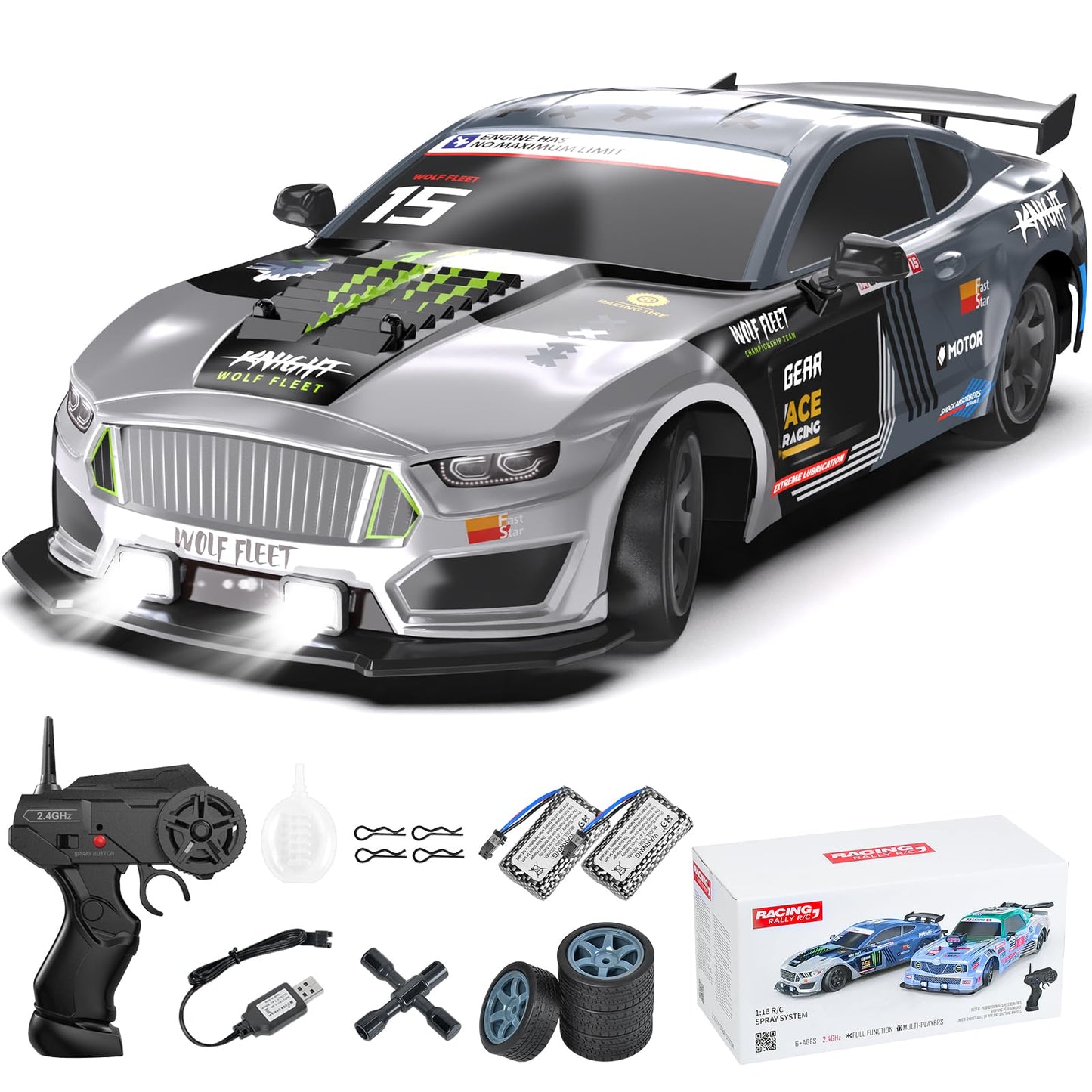 Dollox Remote Control Car 1/16 Scale RC Drift Car 2.4GHz 4WD High Speed 18+KM/H Vehicle with LED Lights and Spray, Extra Driftin
