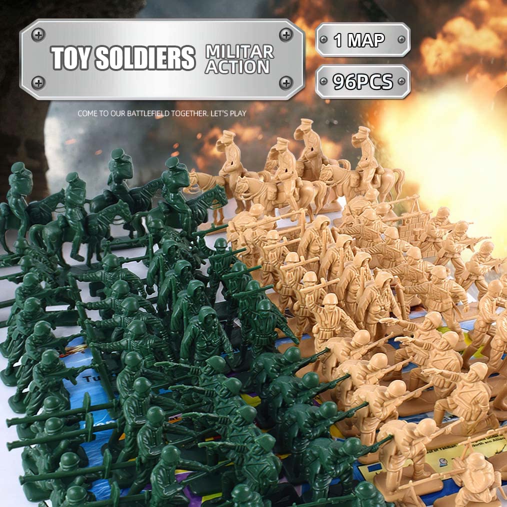 Lynkaye 96 Pcs Various Pose Toy Soldiers Figures With Military Map, Army Men Two Colors Soldiers, Toy Soldiers Action Figures For Kids Children Birthday (96 Pcs Wwii Soldiers)