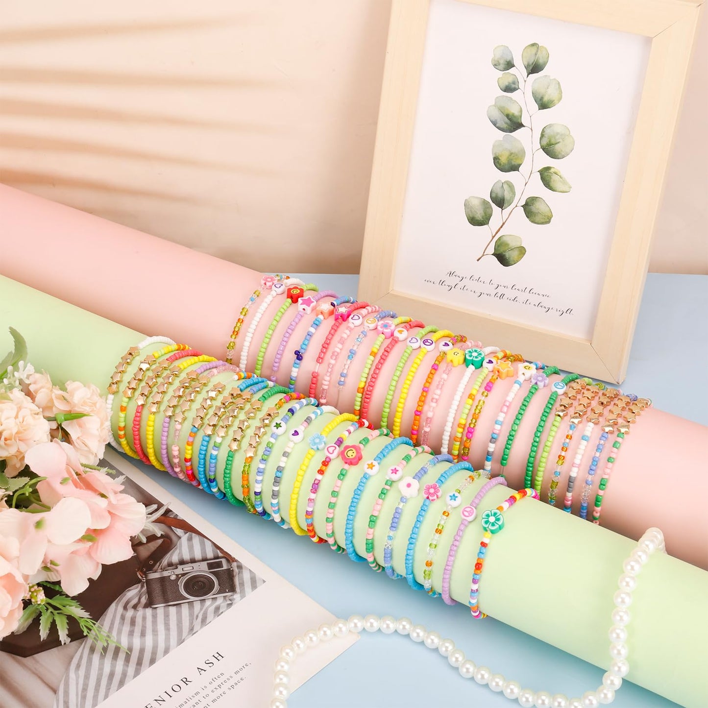 Guiqulai 48 Pcs Kids Friendship Bracelet Set,Colorful Adjustable Beaded Bracelets,Cute Stretch Preppy Bracelets,Stackable Clay S
