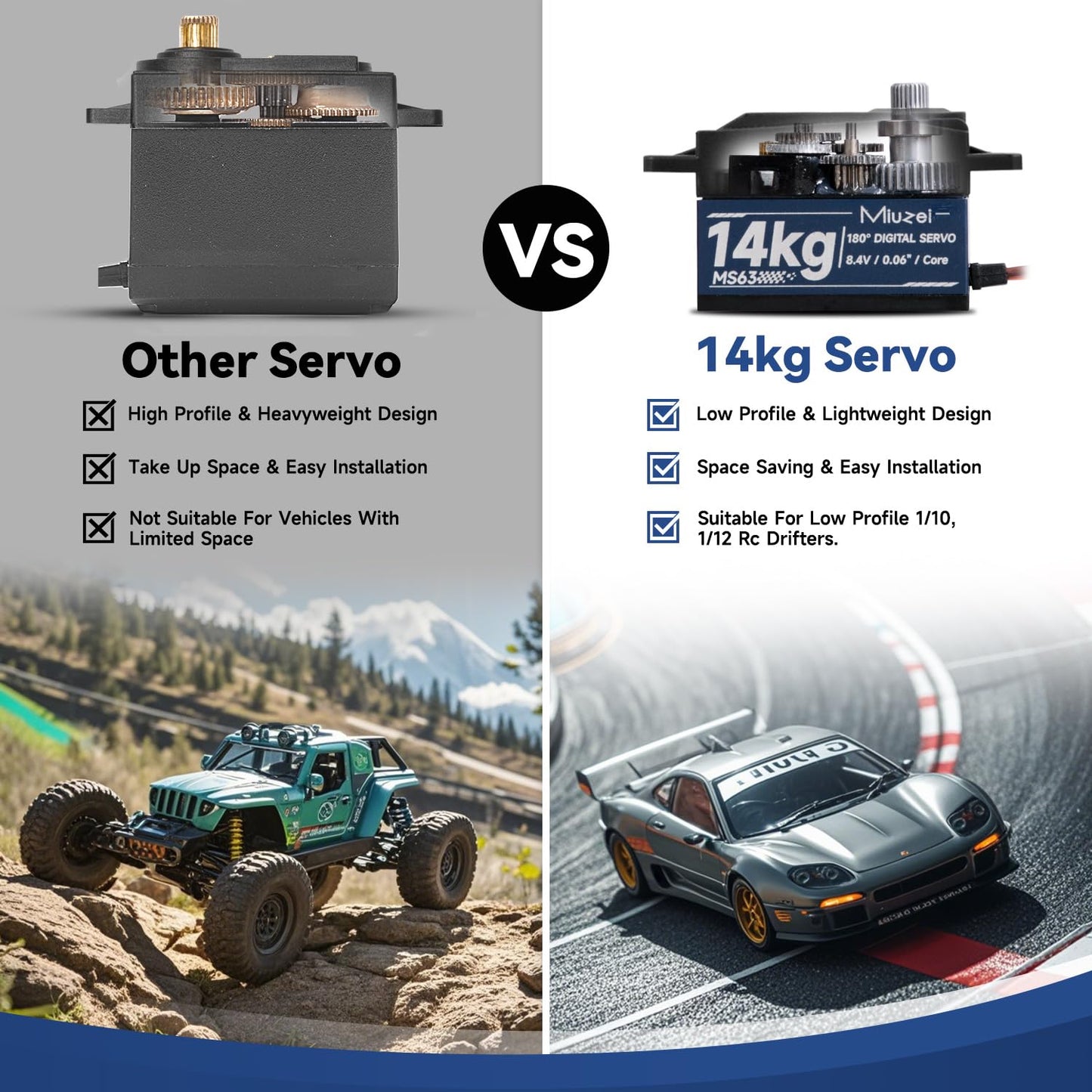 Miuzei RC Digital Servo 14kg Low Profile Servo Motor Metal Gear High Torque for 1/10 1/12 RC Drift Car, Road Racing, Helicopter