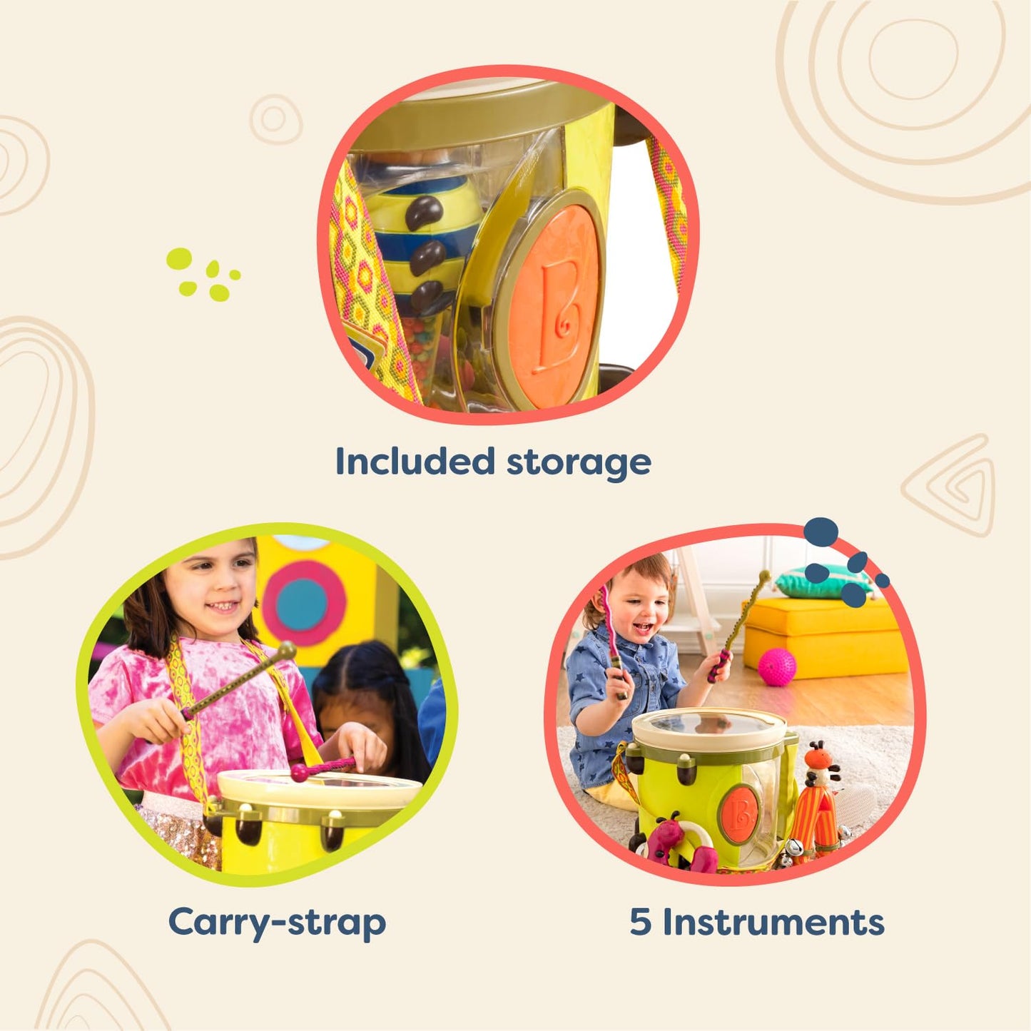 B. Toys – Musical Instruments For Kids – Portable Drum Set – Percussion Toys For Toddlers – Jingle Bell, Tambourine, Maraca & More – 18 Months + – Parum Pum Pum