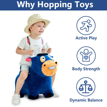 iPlay, iLearn Bouncy Pals Bull Hopping Horse - Plush Inflatable Ride-On Toy, Medium, Blue, Model 850006959389, Perfect for Kids 18 Months to 5