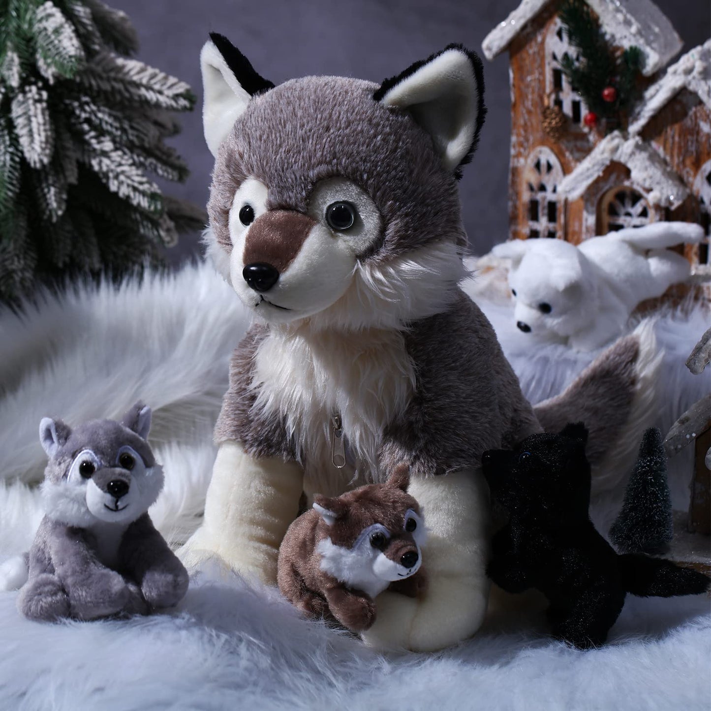 Honoson 5 Pcs Wolf Plush Toy Set 14 Inch Mommy Wolf Stuffed Animal With 4 Baby Wolves Soft Wolf Plushie For Wolf Lover Boys Girl