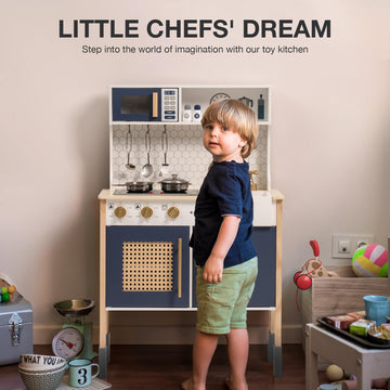 ROBOTIME Wooden Play Kitchen, Kids & Toddlers Kitchen Playset, Kids Play Kitchen Pretend Play Set with Lights & Sounds, Toy Kitc