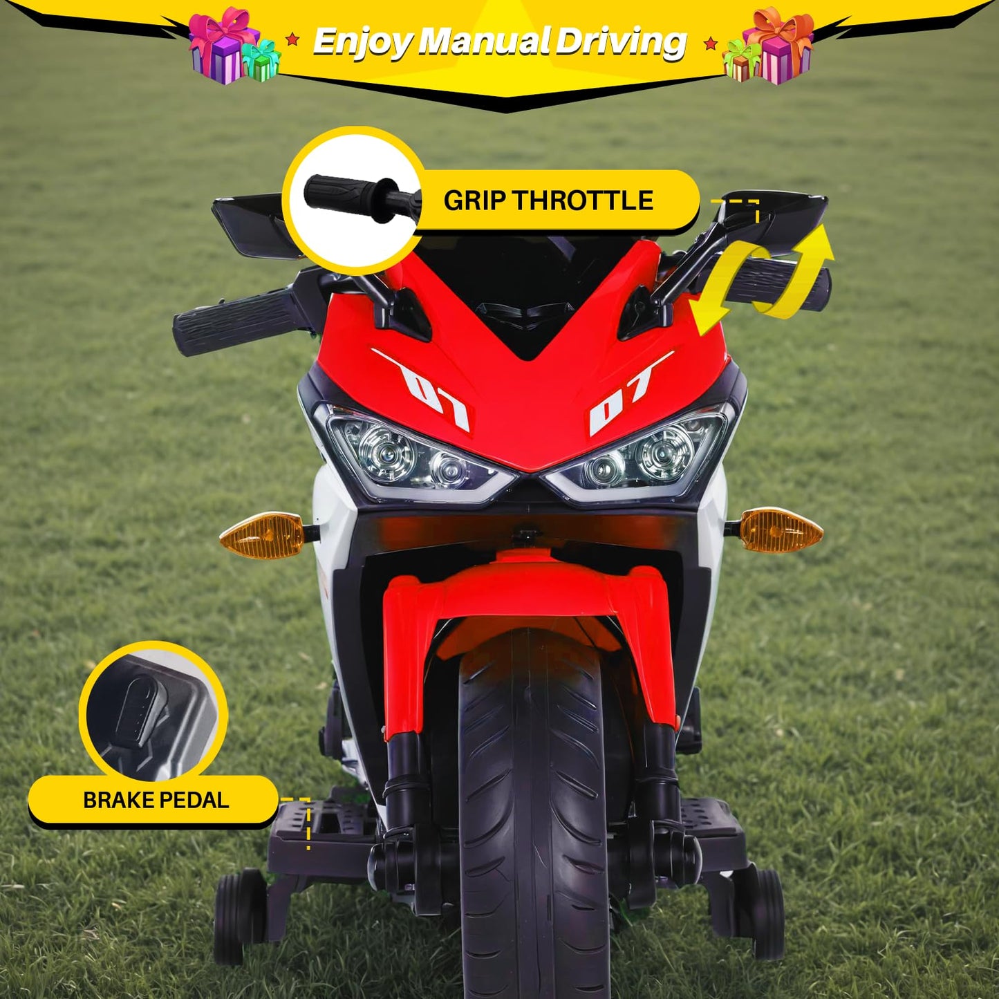 Blitzshark 12V Electric Motorcycle Kids Motorcycle with Training Wheel 7AH Battery Ride On Motorbike for Kids 3.2 MPH Max Speed Twist Grip Throttle Soft Tires Extra Long Seat Red and White