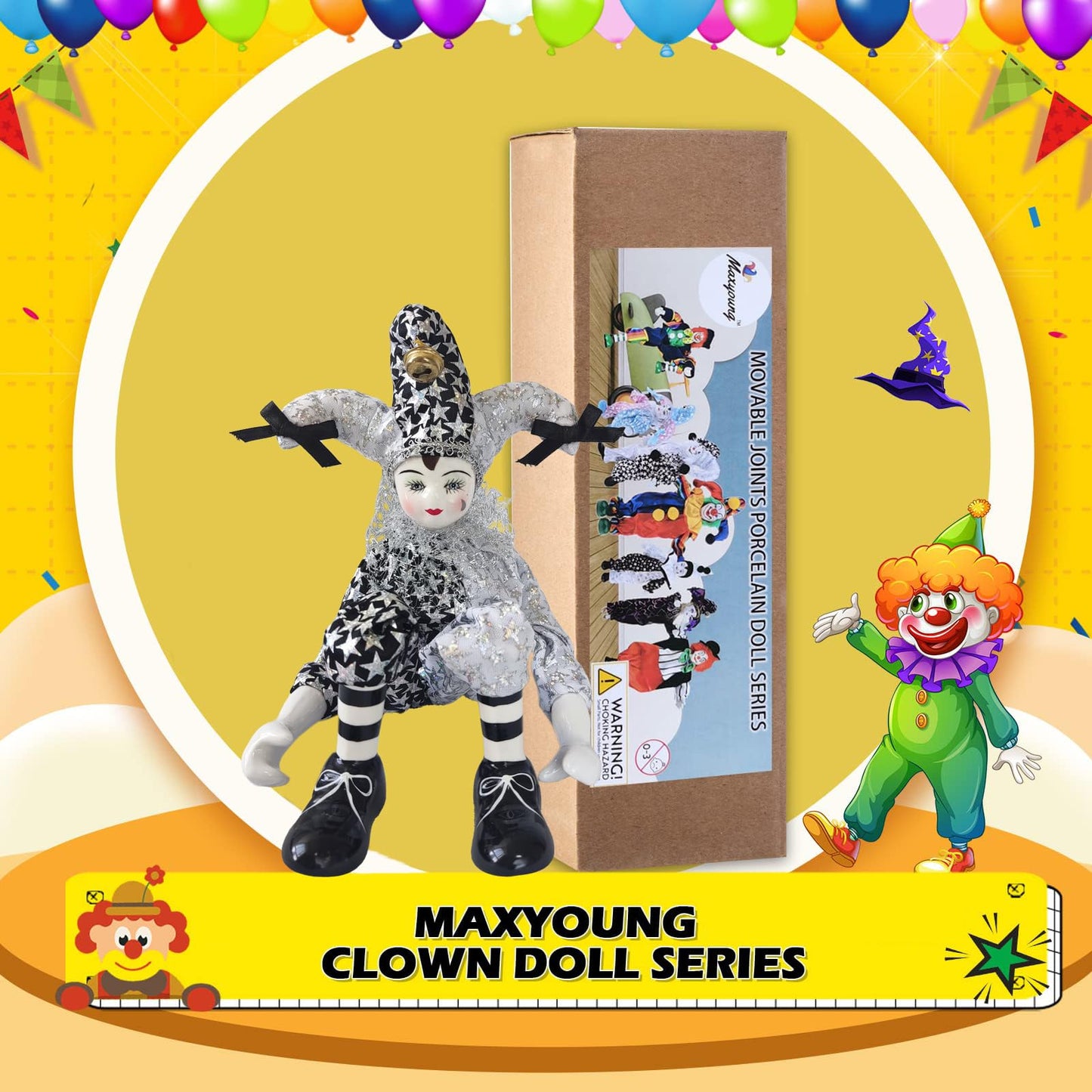 Maxyoung 14 Inch Porcelain Clown Doll Vintage Dolls Figurine, Collectible Figure, Hand Painted Toy, Christmas Halloween Birthday Gift, Twisted Body