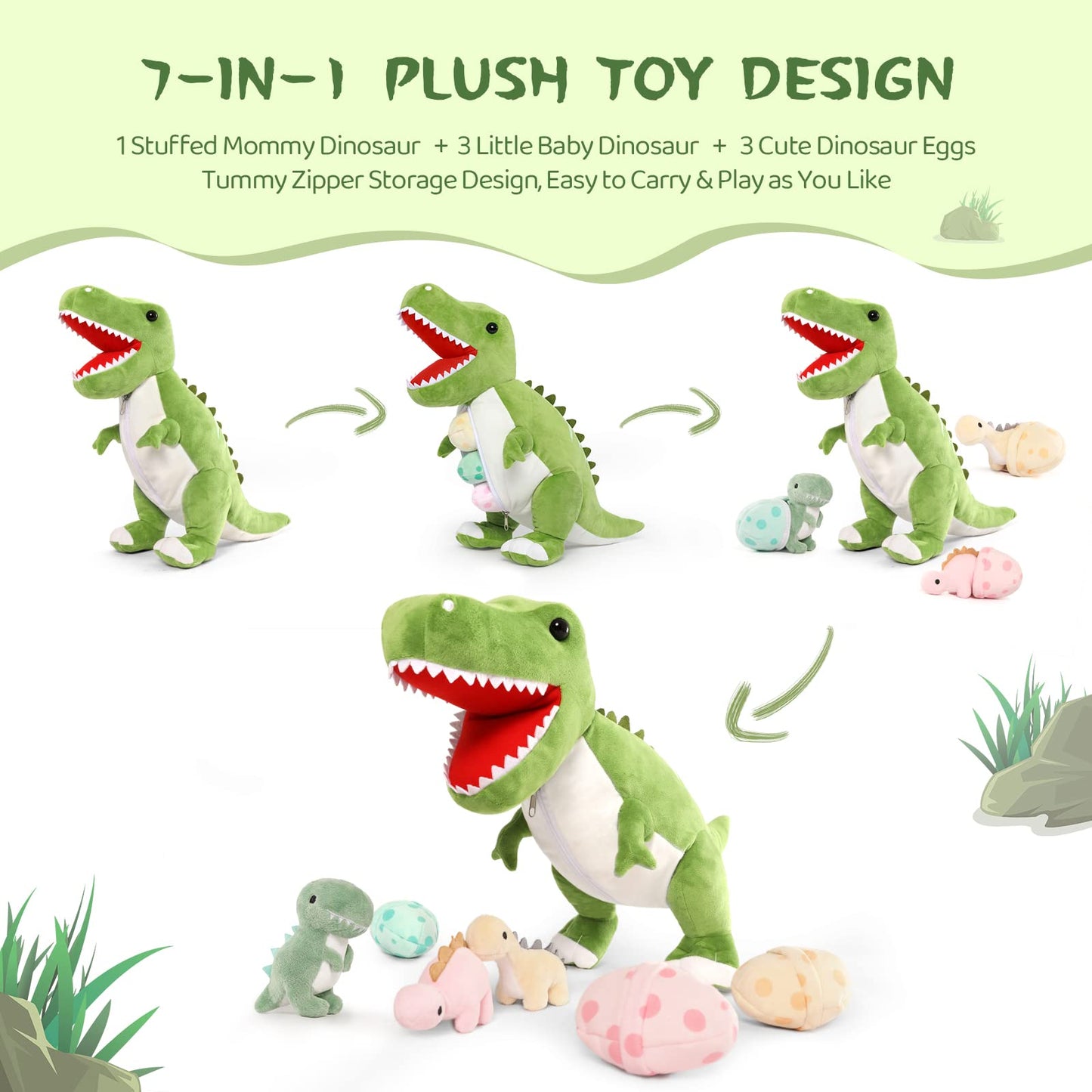 Morismos Giant Dinosaur Stuffed Animal,23.6'' Big Mommy Stuffed Dinosaurwith 3 Baby Dinosaurplush Toys & 3Eggs Plush Inside Its Zipper Tummy,Large Boy Girl Dinosaur Toysfor Kids Birthdaychristmas