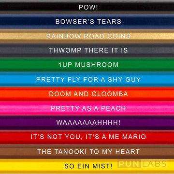 Pun Labs Mario-Inspired Colored Pencil Set - 12 Drawing & Coloring Pencils with Clever Game References - Super Mario-Inspired Gi