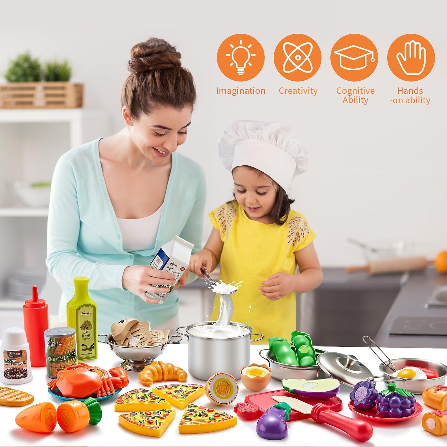 Kidsciety Pretend Play Kitchen Accessories, 52pc Kids Kitchen Playset with Play Food, Stainless Steel Cookware, Kitchen Toys Pot