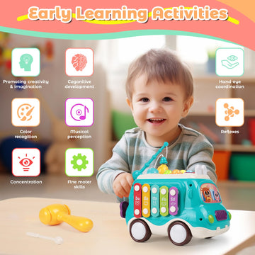 Krseub Baby Bus Montessori Musical Toy For 1~3 Years Toddlers With Sound & Light, With Xylophone/Hammering/Fishing Game & Windmi