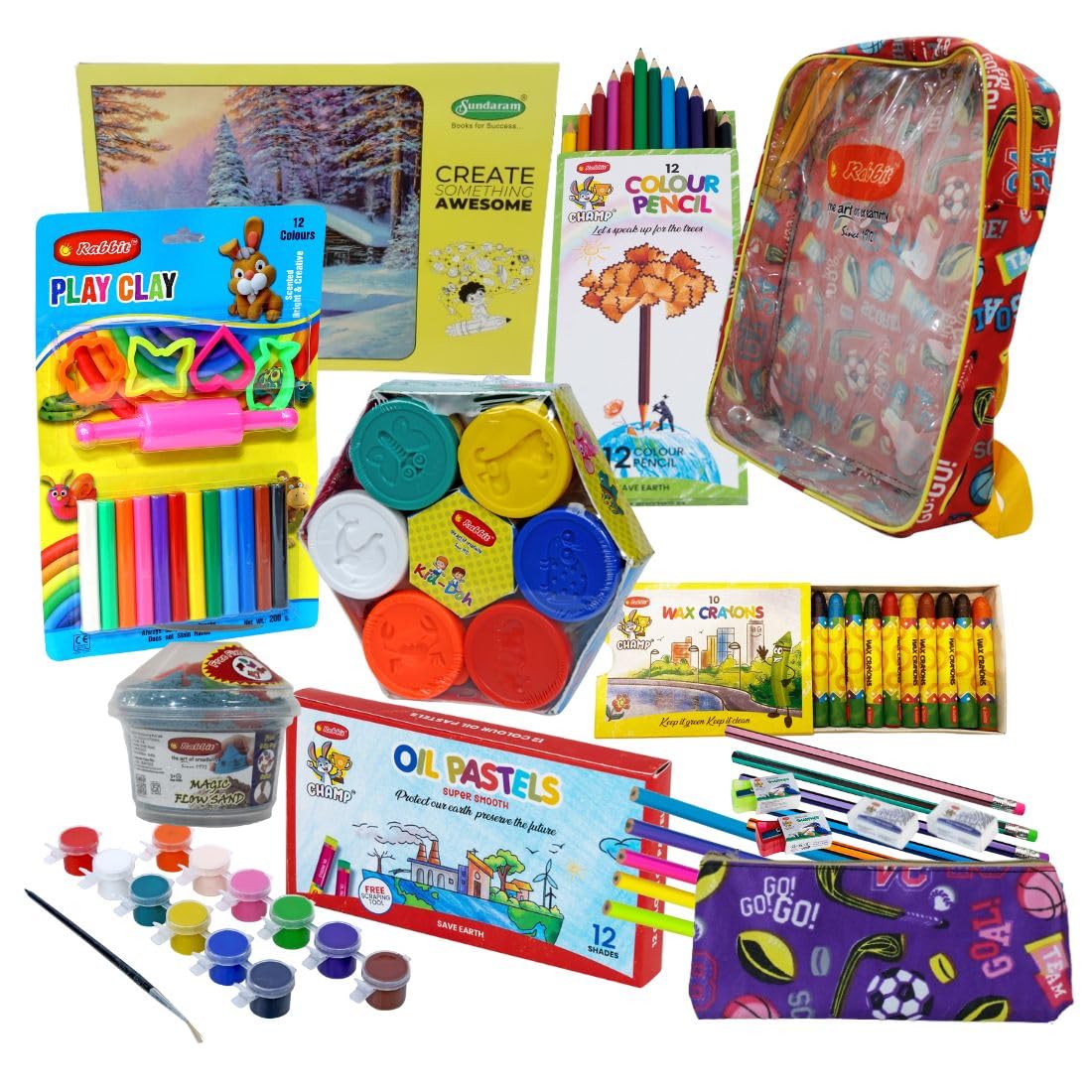 Rabbit Art & Play Paint Kit Bag For Kids | Art Craft Kit | Drawing & Painting Kit | 12 Color Oil Pastels | 12 Color Pencils | 50