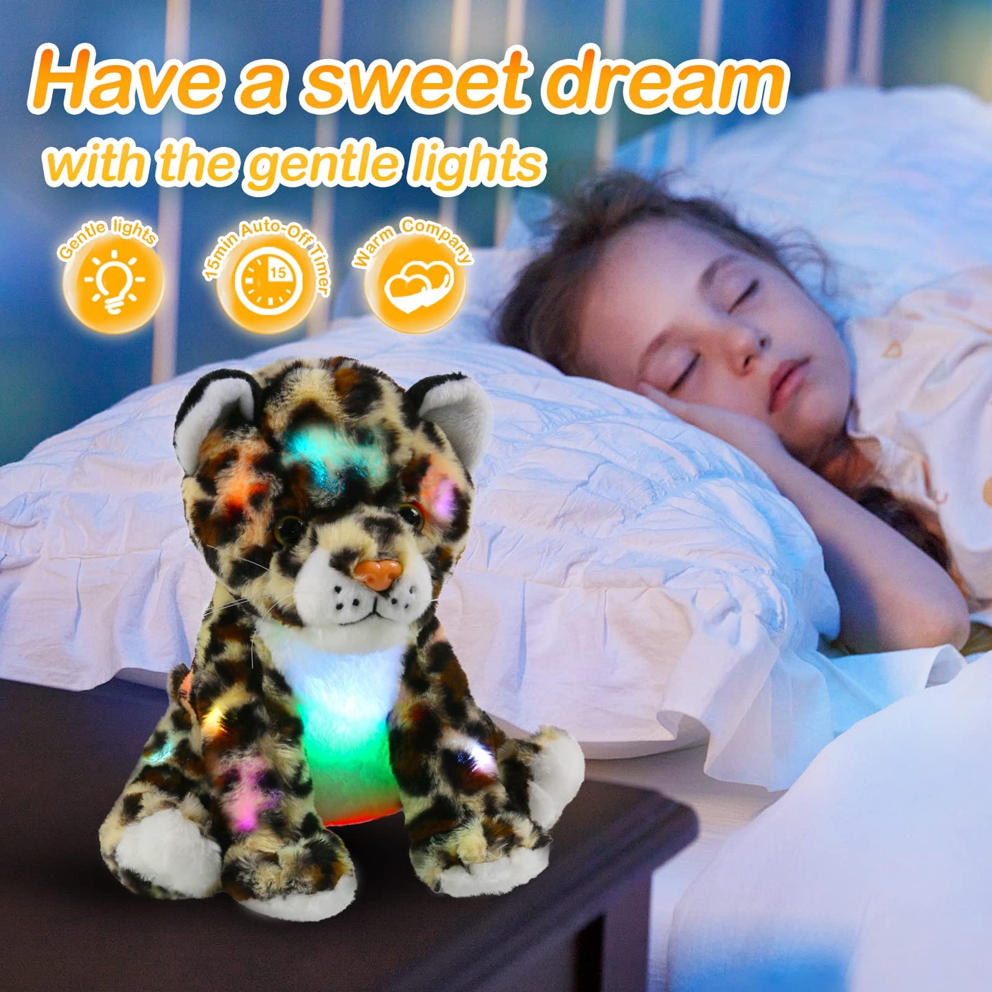 Bstaofy Light Up Cheetah Plush Led Leopard Stuffed Animals Night Light Companion Bedtime Jungle Toys Glow Afraid Of Dark, 10’’