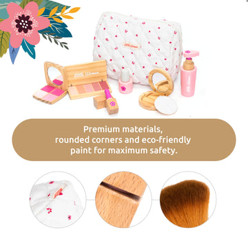 Umu Stylish Wooden Beauty Set Little Woman For Girls - Makeup Playset 17 Piece Kit With Makeup, Brush, Mirror And Cosmetics Case