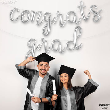 Katchon, Silver Congrats Grad Balloons - Script, 16 Inch | Congratulations Balloons For Graduation Decorations Class Of 2025