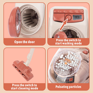 Deao Toy Washing Machine & Vacuum Playset For Kids, Mini Washing Machine Laundry Set For Kids,Dollhouse Furniture Laundry Room W