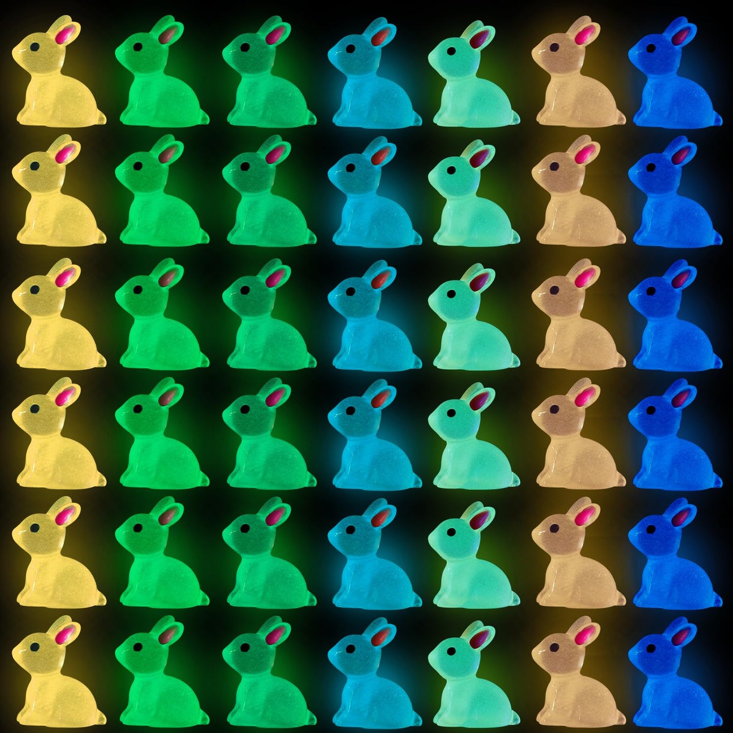 DULEFUN 70pcs Easter Luminous Mini Resin Bunny 7 Colors Little Small Glow in The Dark Rabbit Bunny Figures for Dollhouse Micro F