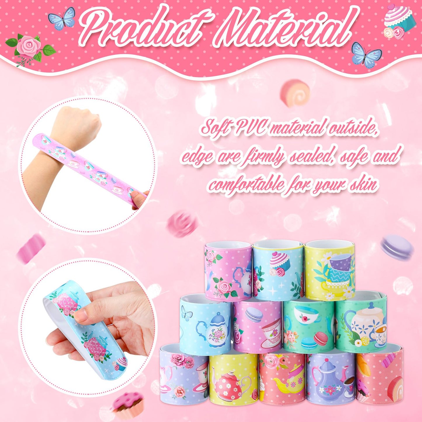 Junkin 48 Pcs Tea Party Favors Floral Tea Party Slap Bracelet Tea Party Supplies Decoration Girls Tea Party Bracelet Pink Teapot