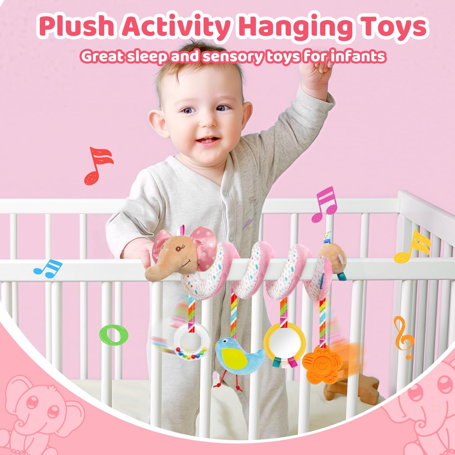 Car Seat Toys For Babies Boys Girls 0 2 4 6 7 9 10 11 12 Months,Spiral Hanging Plush Toys Activity Stroller Toy Sensory Hanging