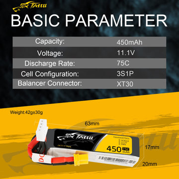 Gens ace Tattu 3S Lipo Battery 11.1V 450mAh 3S 75C Lipo Battery with XT30 Plug - Long SizeFor Micro FPV Racing Drone