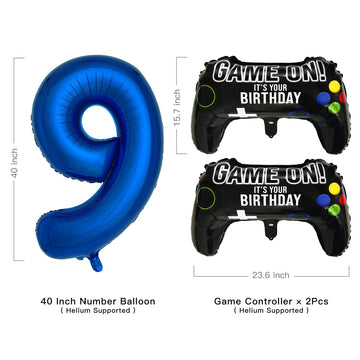 Navy Blue Video Game Party Supplies Boys 9Th Birthday Party Decorations- 2 Packs Game On Balloons With Dark Blue Number 9 Balloo