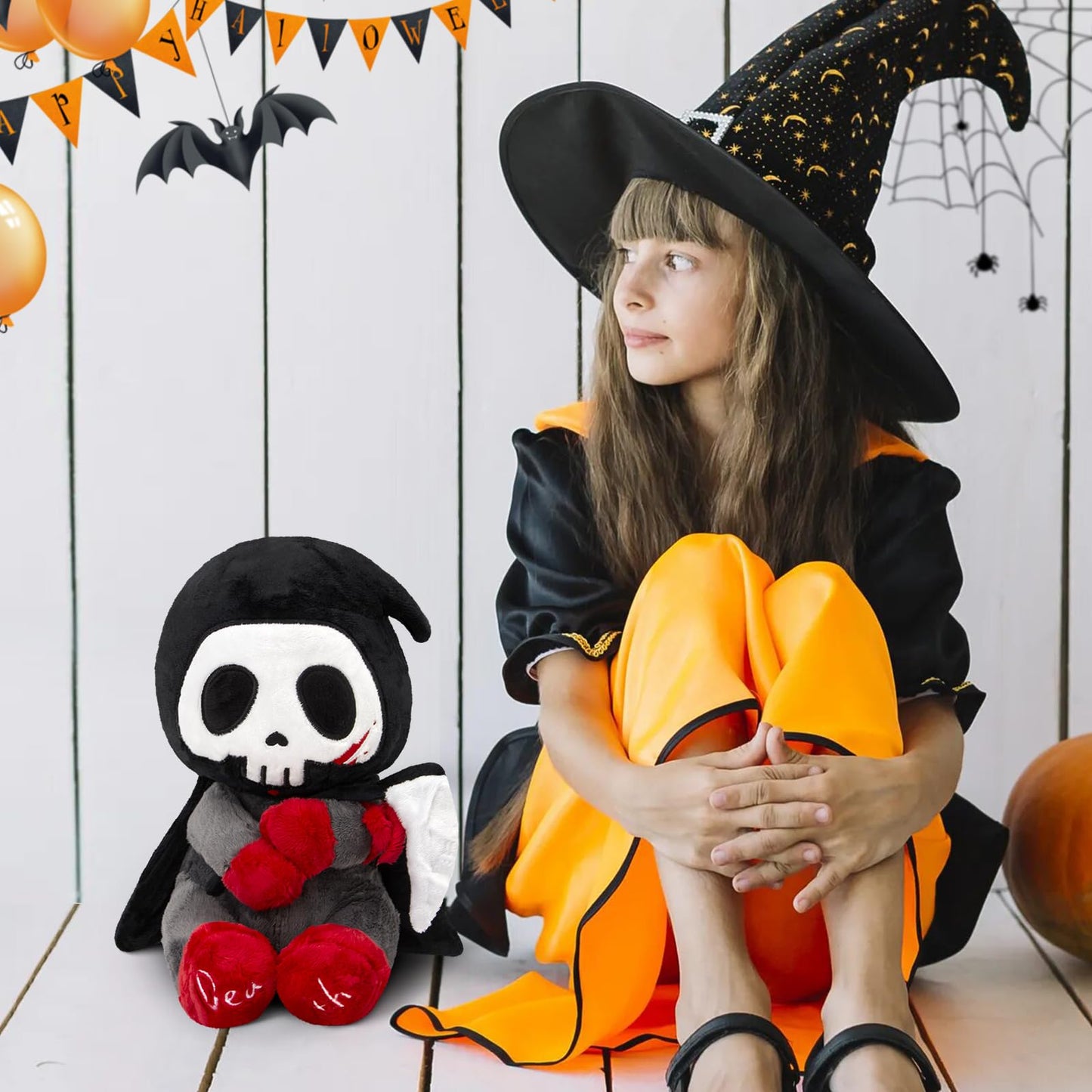 SpecialYou 10" Otto Reaper Plush Toy - Halloween Skull Grim Reaper with Black Cape & Detachable Scythe, Funny Holiday Ghost Doll