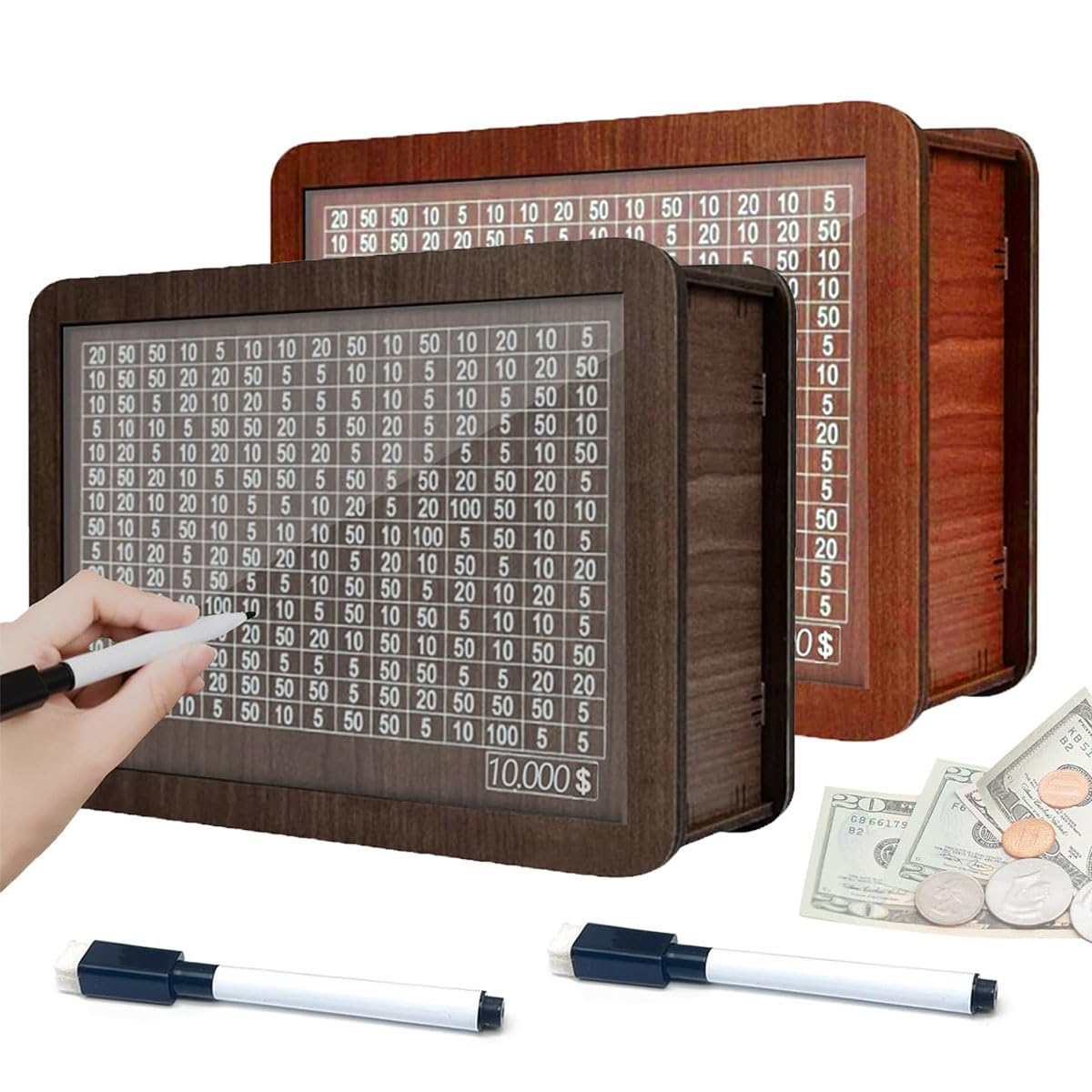 2025 New Wooden Money Saving Challenge Box, 2Pcs Cash Vault Wooden Savings Box,Adults Money Box With Counter For Savings Goal $10000 Best Gift For Friends(Brown + Black)
