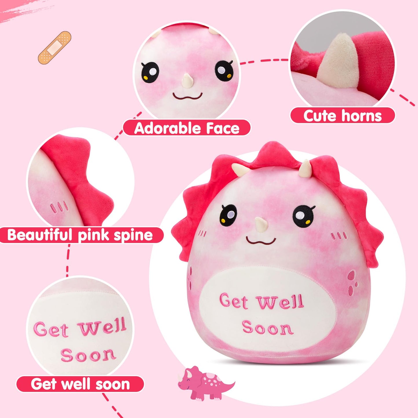 Wewill 12'' Get Well Soon Dinosaur Soft Plush Pillow, Pink Triceratops Stuffed Toy