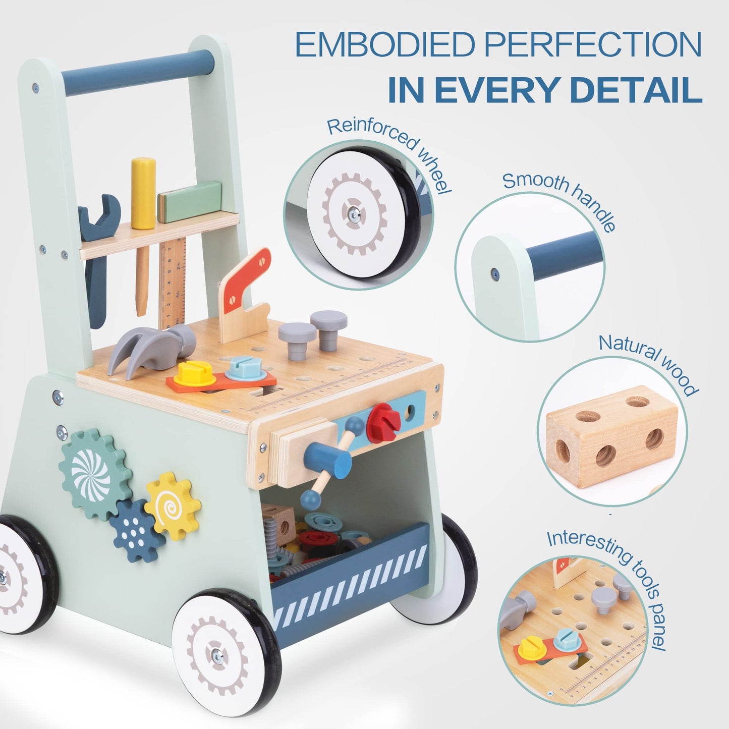 2-In-1 Baby Push Walker - Wooden Push Walker And Tool Toy For Babies - Toddler Learning Activity Walker For Girls Boys 1-3 Years