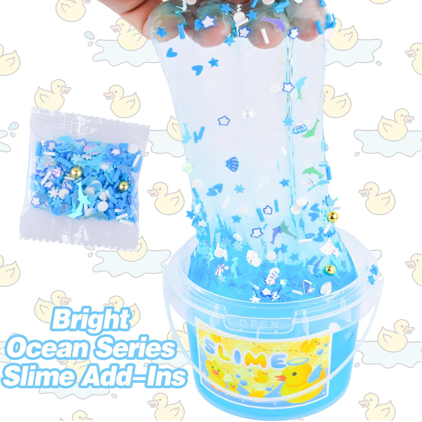 Blue Crunchy Crystal Slime with 3 Yellow Duck Charms, Ocean Series Big Scented Slime Bucket for Kids, Super Soft, Party Favor, B