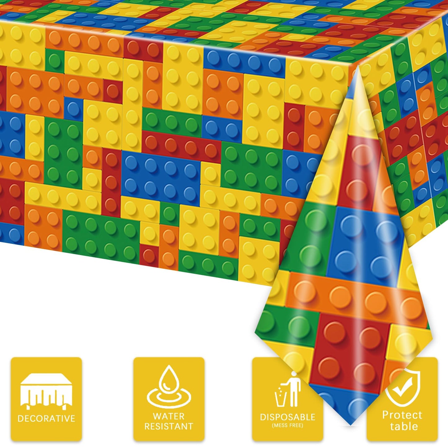 3Pcs Building Block Party Tablecloths For Boys Kids Colorful Building Plastic Table Cover Blocks Themed Birthday Party Supplies