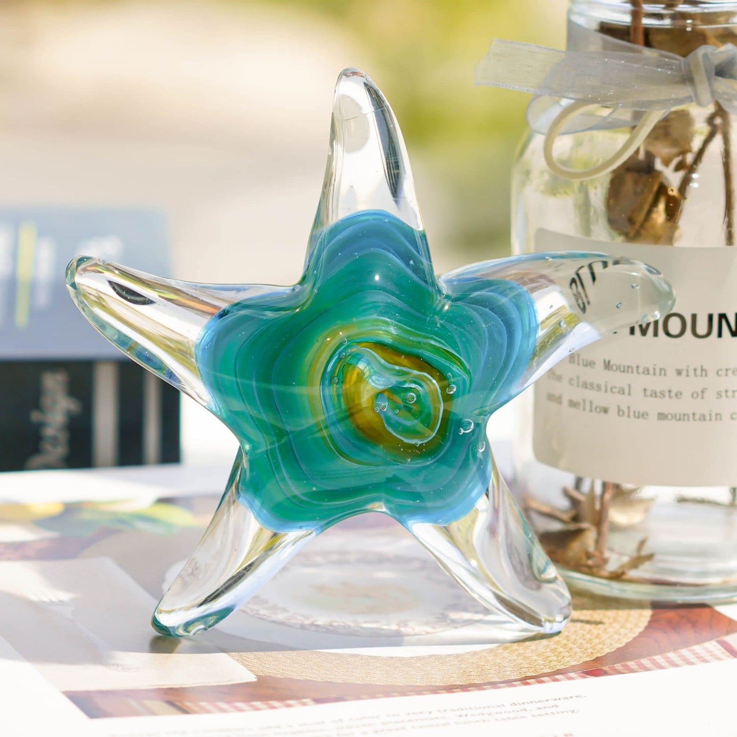 Qf Glass Star Fish, Crystal Handmade Glass Blown Table Decor, Starfish Figurine, Collectible Ornament,Clear And Green