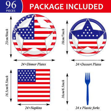 Wiooffen 96 Pcs Veterans Day Party Supplies Memorial Day Tableware Set 4Th Of July Paper Plates Patriotic Freedom Stars Party Pl