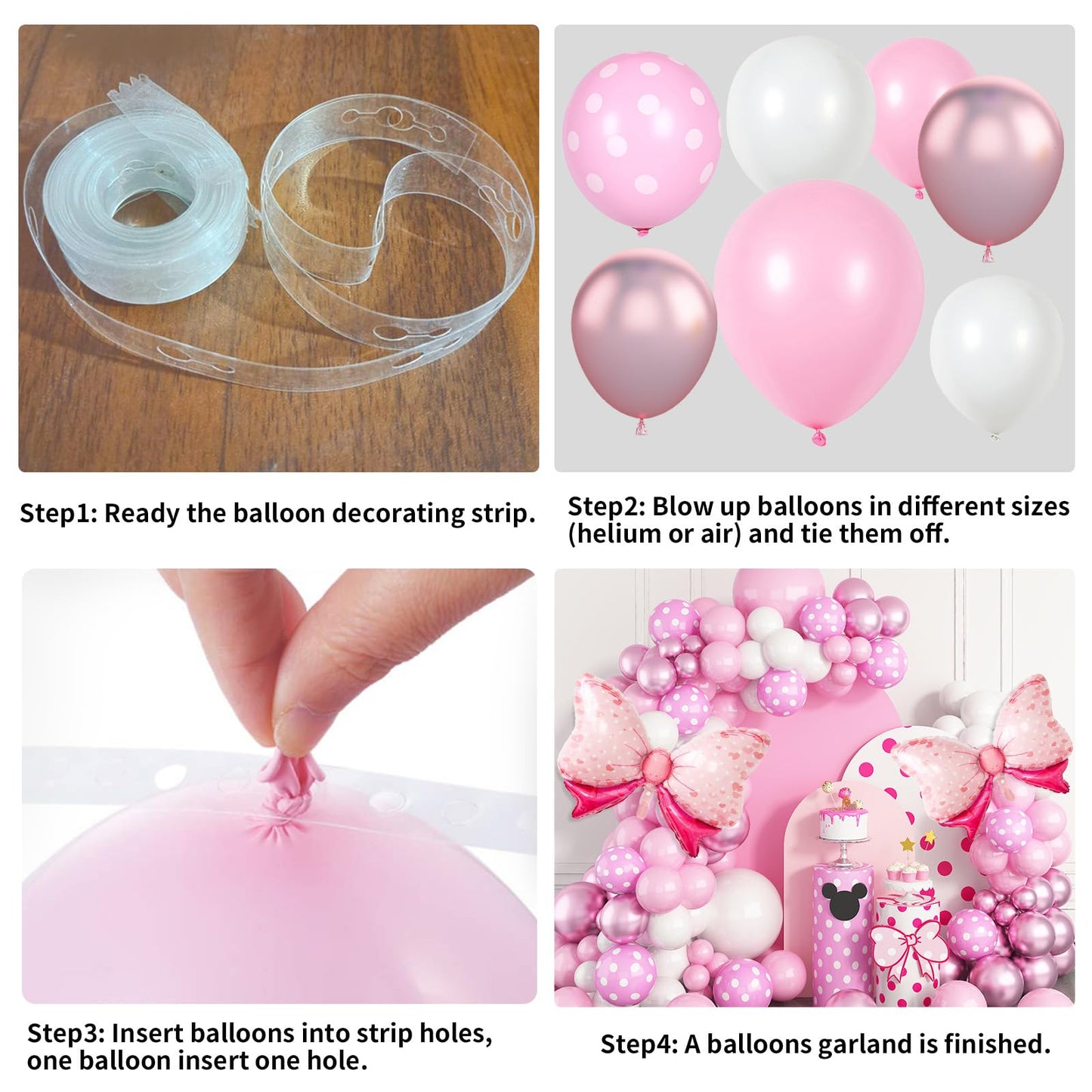 Pink Mouse Balloon Garland Arch Kit For Cartoon Mouse Theme Birthday Party Decorations Girl Kids, Pink White Rose Red Bow Foil Balloons For Mouse Baby Shower Decorations